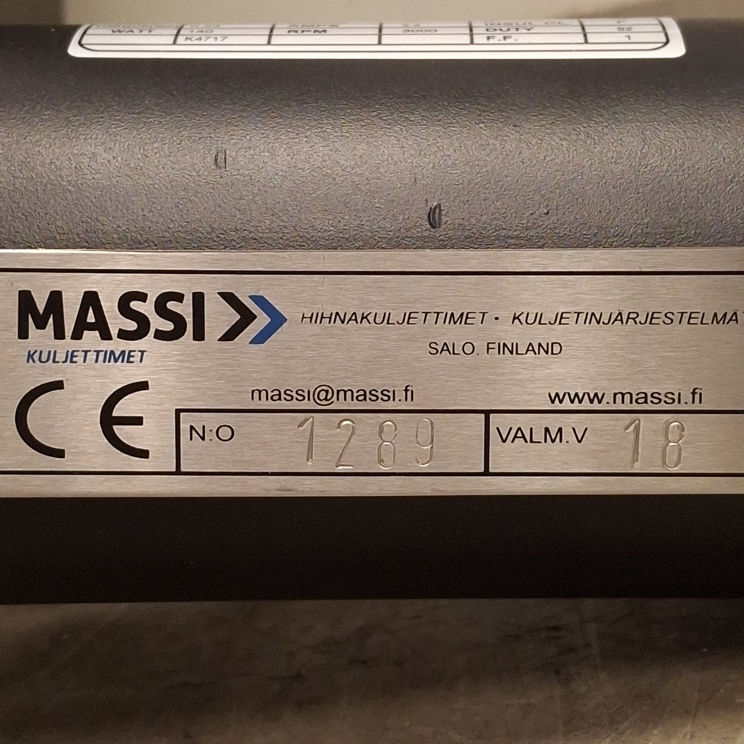 Used Massi Kuljettimet 1289 Conveyor, 44in Long x 7.75in Wide, 1ft/sec, 24VDC 10A