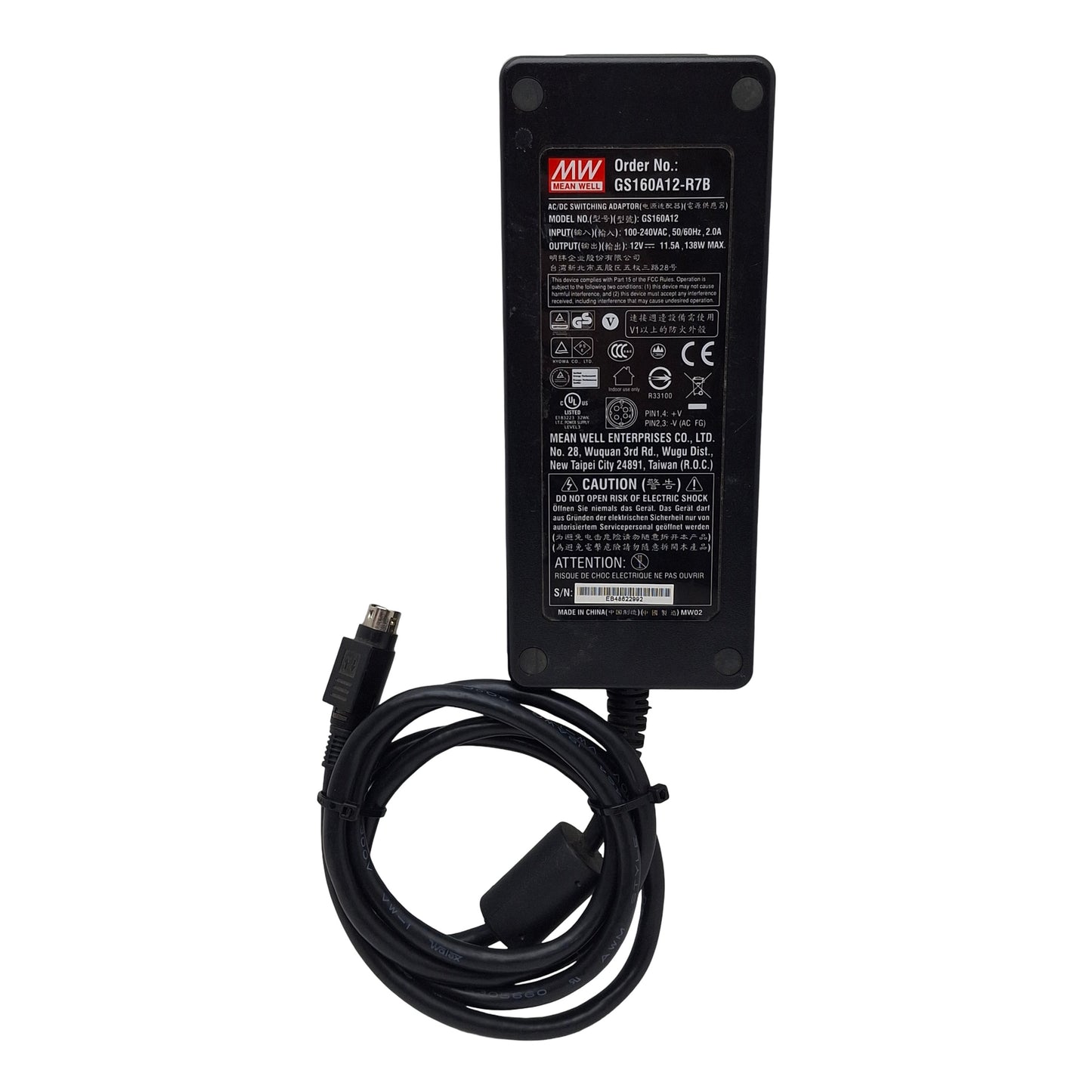Used Meanwell GS160A12-R7B Power Supply, 100-240VAC In, 11.5A 12VDC Out, 4-Pin DIN