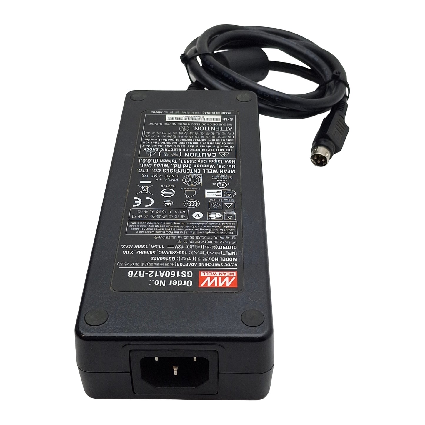 Used Meanwell GS160A12-R7B Power Supply, 100-240VAC In, 11.5A 12VDC Out, 4-Pin DIN