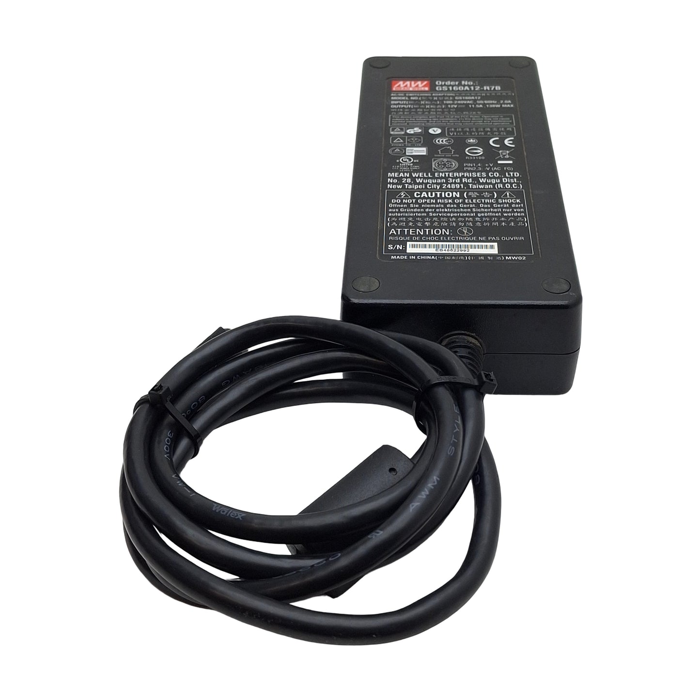 Used Meanwell GS160A12-R7B Power Supply, 100-240VAC In, 11.5A 12VDC Out, 4-Pin DIN