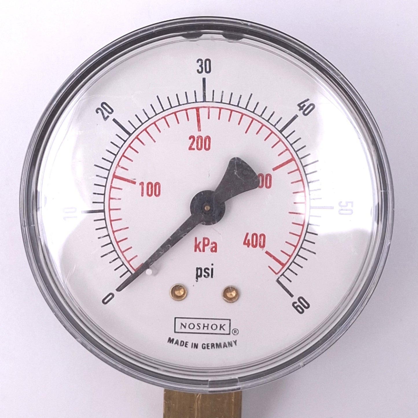 Used NOSHOK 25-100-60-psi/kPa Pressure Gauge, 2-1/2in Face, 60psi/400kPa, 1/4in NPT
