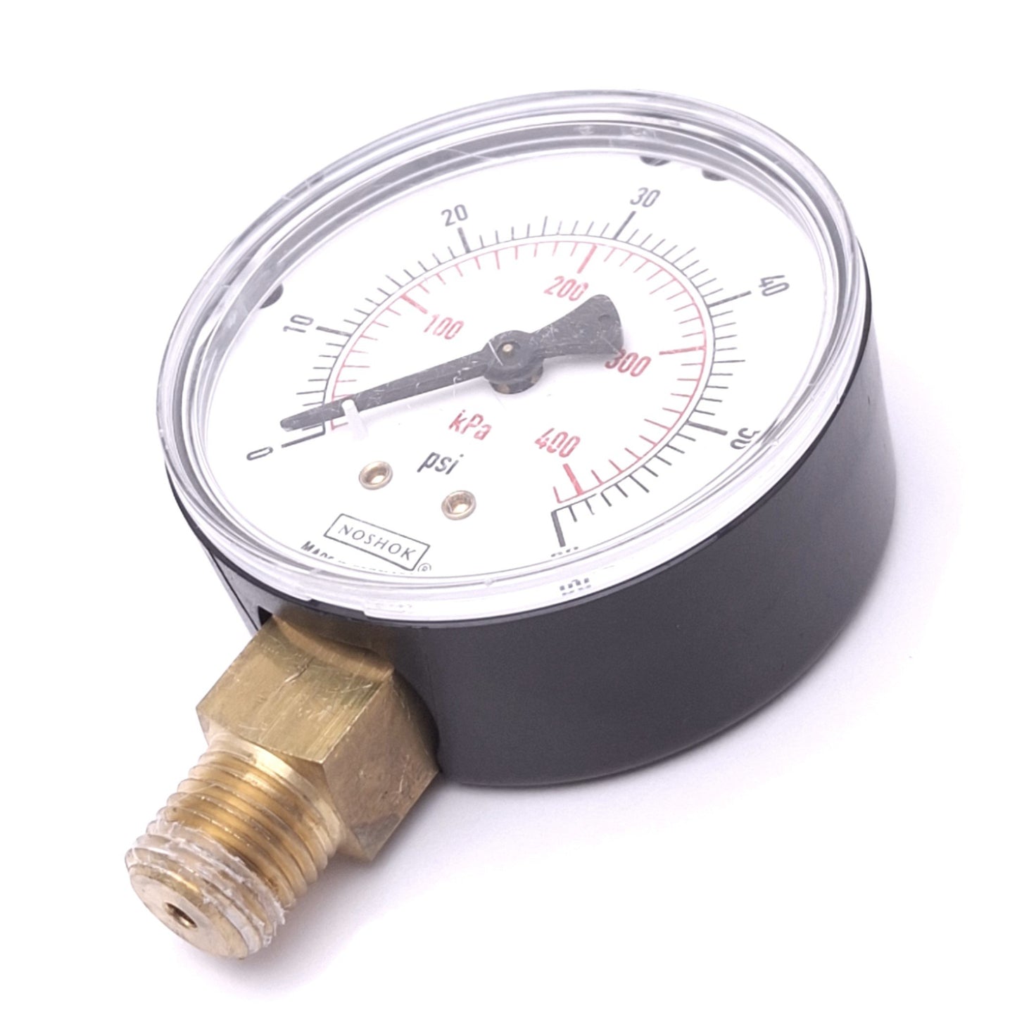 Used NOSHOK 25-100-60-psi/kPa Pressure Gauge, 2-1/2in Face, 60psi/400kPa, 1/4in NPT