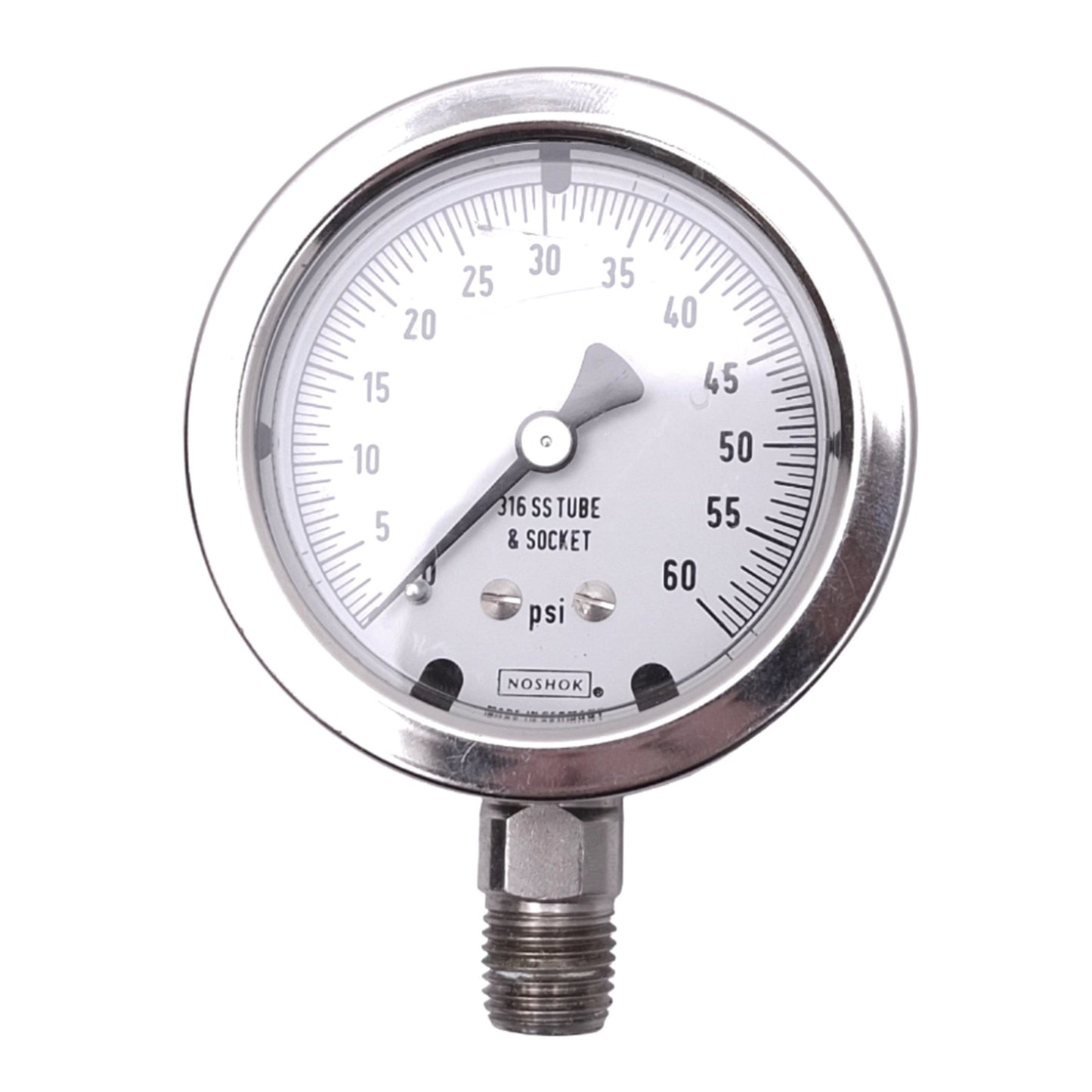 Used NOSHOK 25-400-60-psi Air Pressure Gauge, 2-1/2in Face, 0-60psi, 1/4in NPT