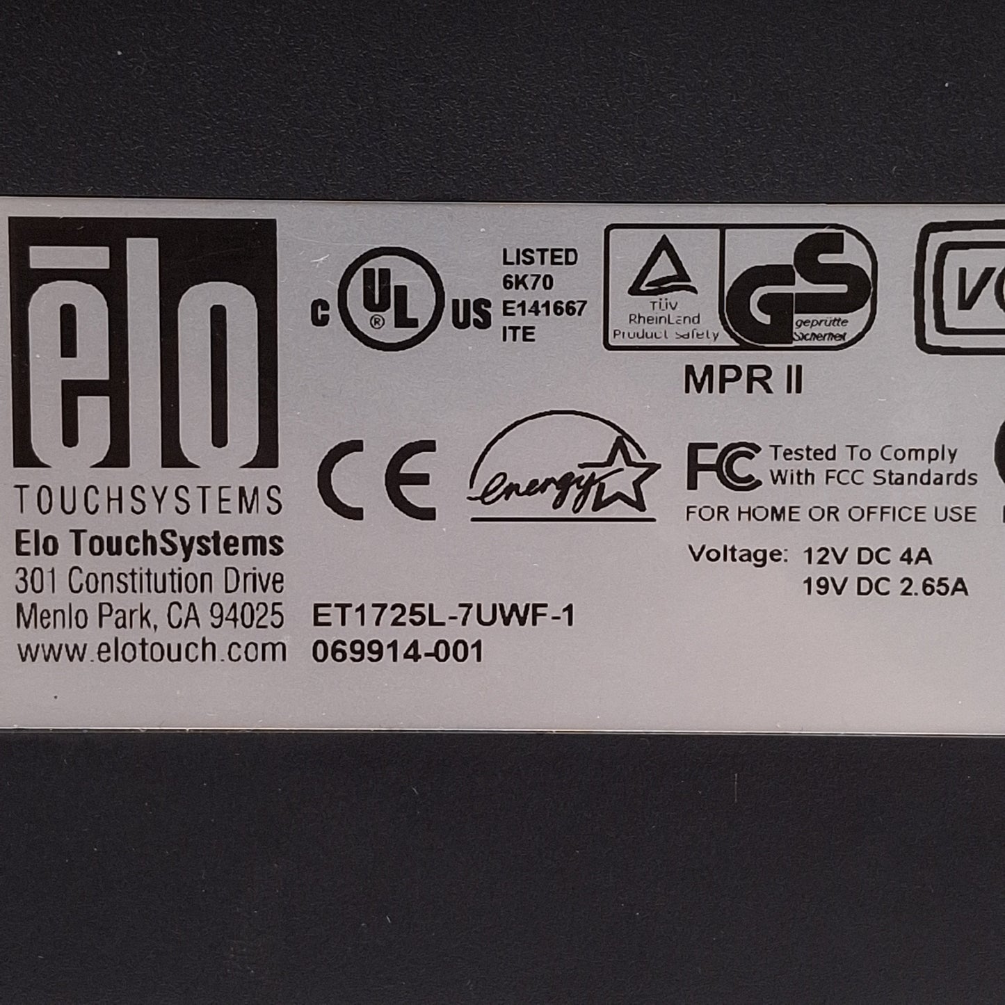 Used Elo ET1725L-7UWF-1 Touchscreen Monitor, 17in TFT Active Matrix, 1280x1024, 12VDC