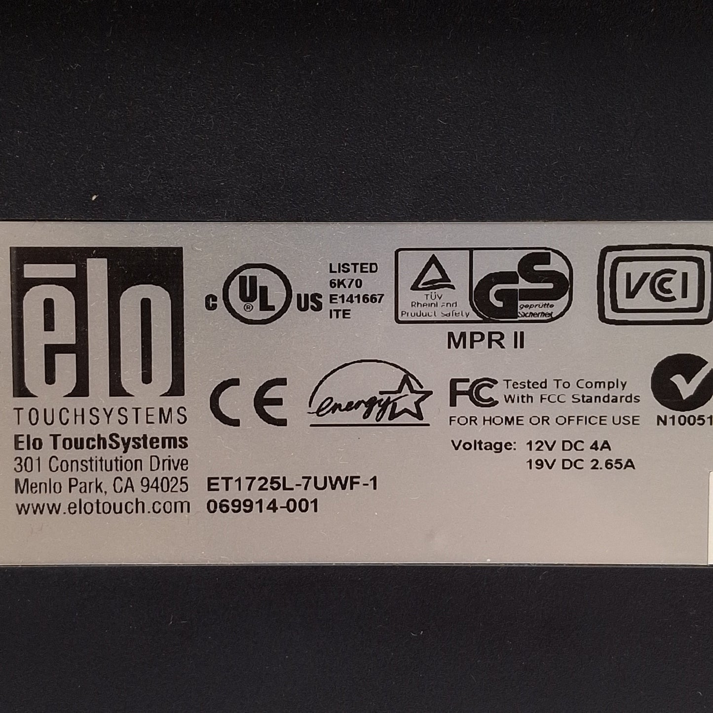 Used Elo ET1725L-7UWF-1 Touchscreen Monitor, 17in TFT, 1280x1024, 12VDC *Back Plate*
