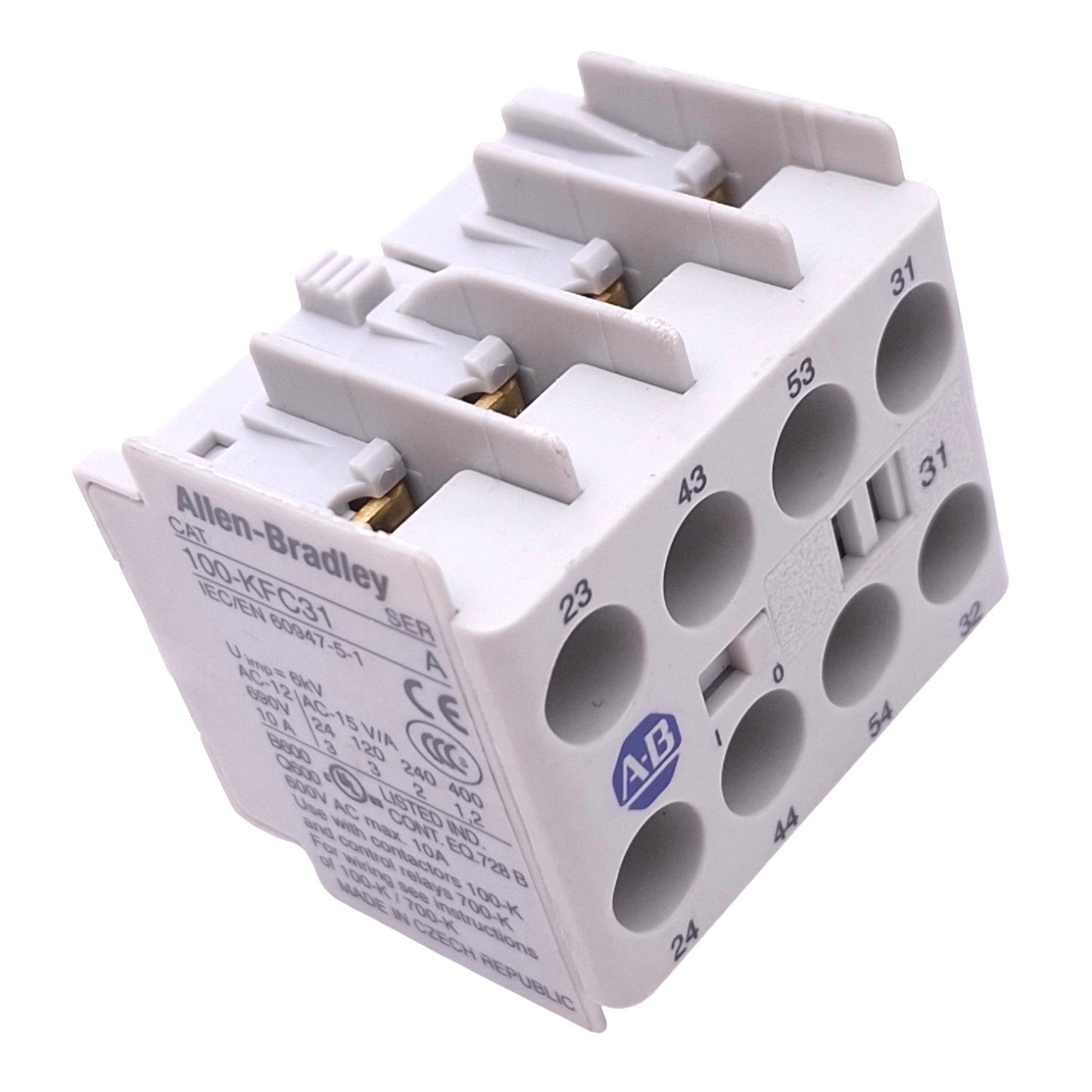 Used Allen Bradley 100-KFC31 A Auxiliary Contact Block, 3NO 1NC, 600VAC 10A Max