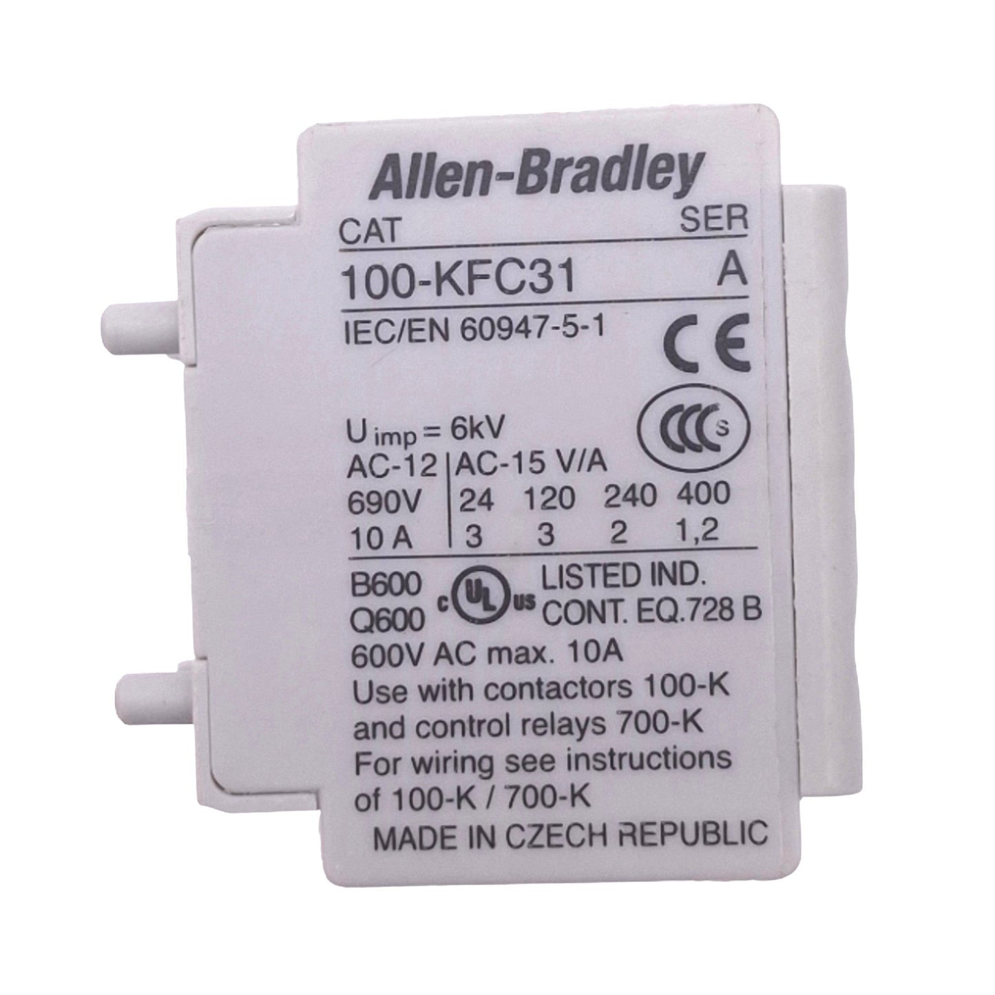 Used Allen Bradley 100-KFC31 A Auxiliary Contact Block, 3NO 1NC, 600VAC 10A Max