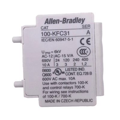 Used Allen Bradley 100-KFC31 A Auxiliary Contact Block, 3NO 1NC, 600VAC 10A Max