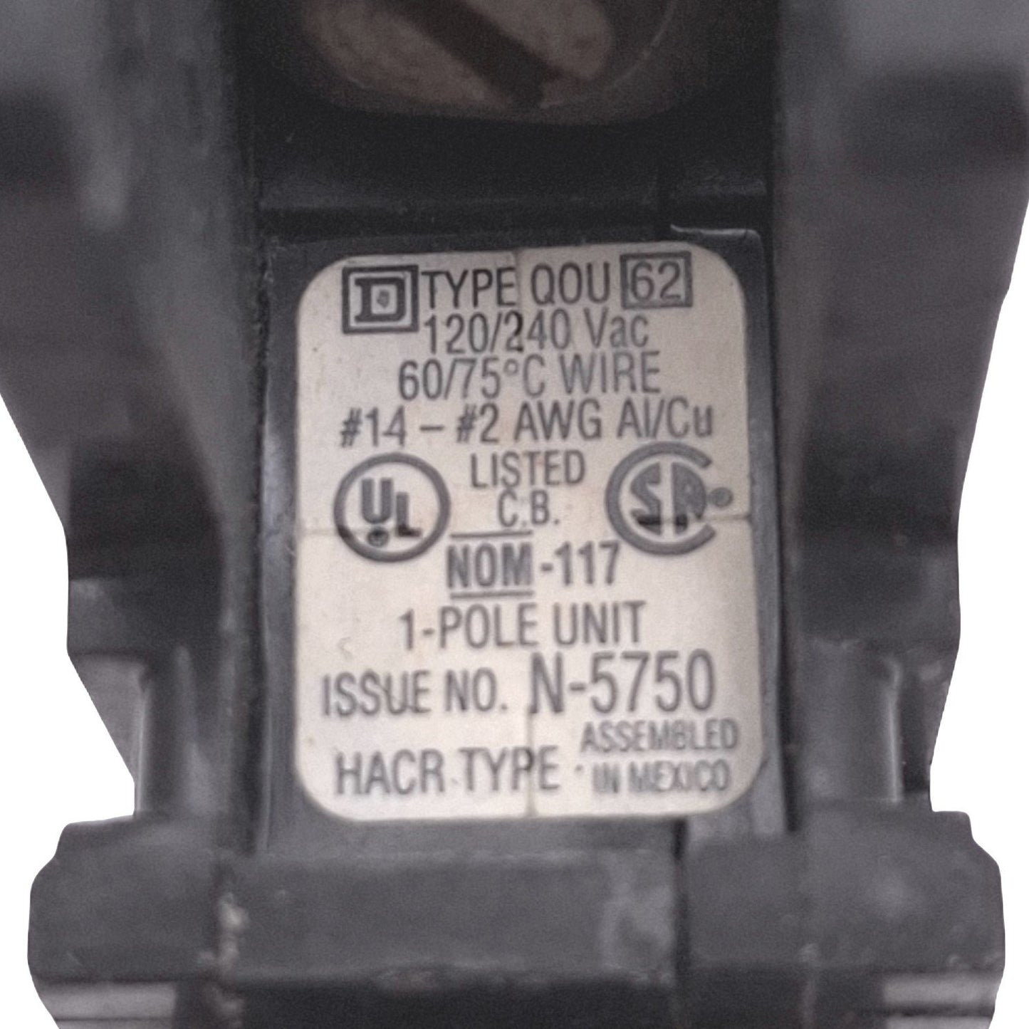 Used Square D QOU120 Circuit Breaker, 1-Pole, 20A, 120/240VAC Max, DIN Rail