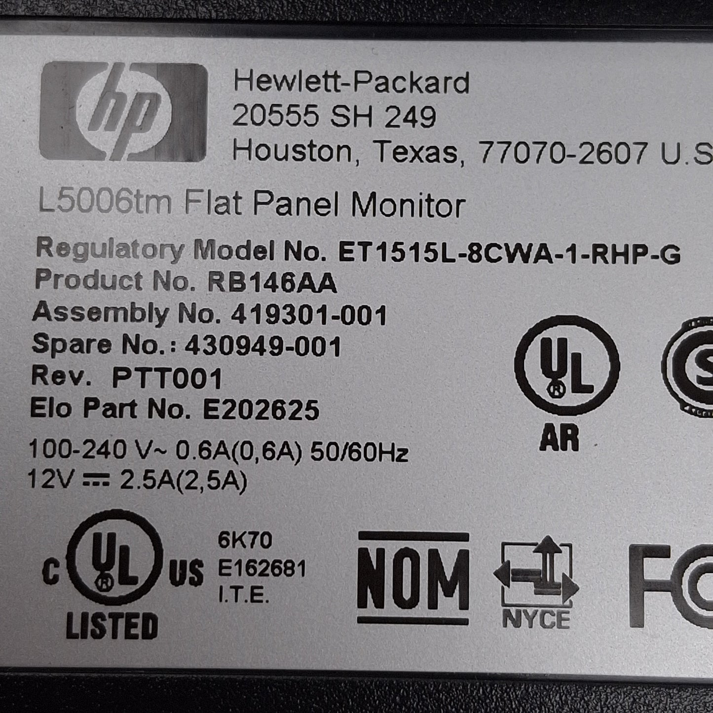 Used HP ET1515L-8CWA-1-RHP-G Touchscreen Monitor w/ Stand, 15in LCD, 1024x768, 12VDC