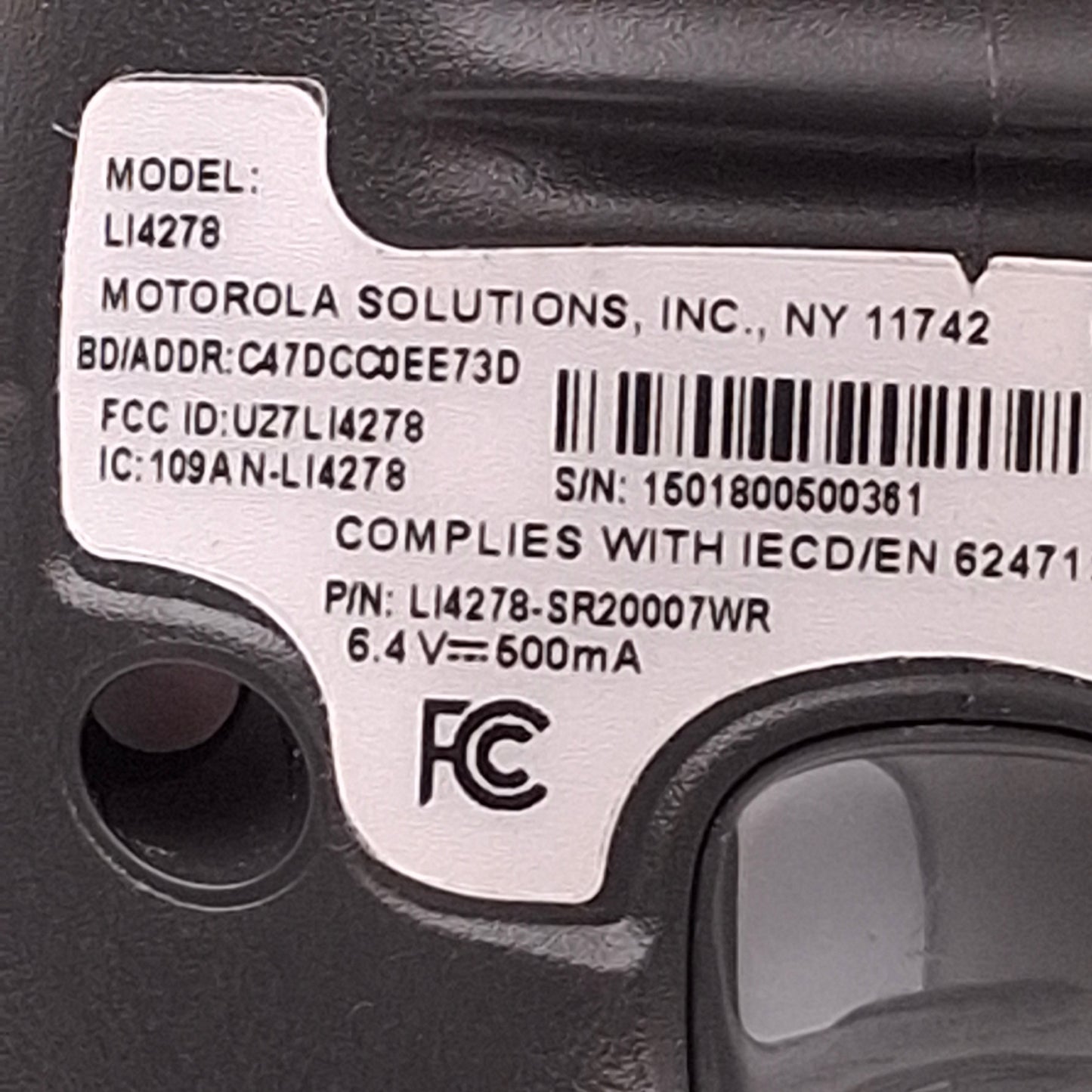 Used Symbol LI4278-SR20007WR Cordless Bluetooth Barcode Scanner 6VDC, 547 Scans/Sec