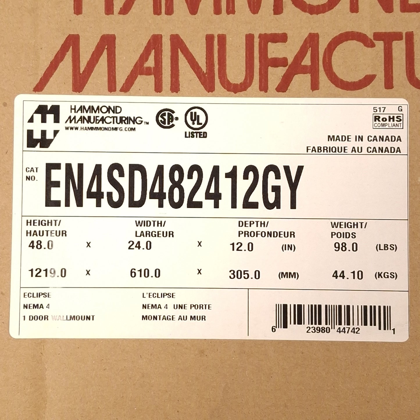 New Hammond EN4SD482412GY Light Gray Steel Enclosure, 48in H x 24in W x 12in D