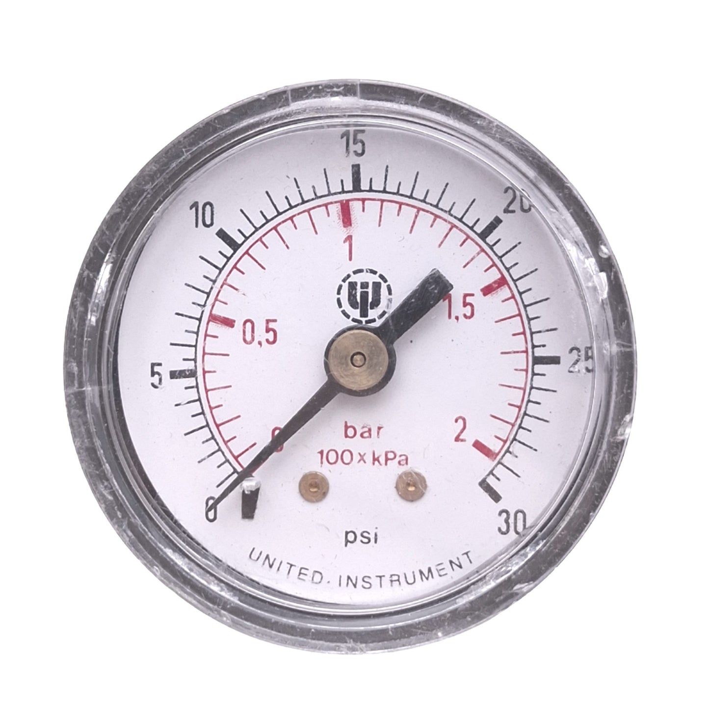 Used United Instrument 15-201ND-01B 30 Air Pressure Gauge, ø1-1/2in, 30psi, 1/8in NPT