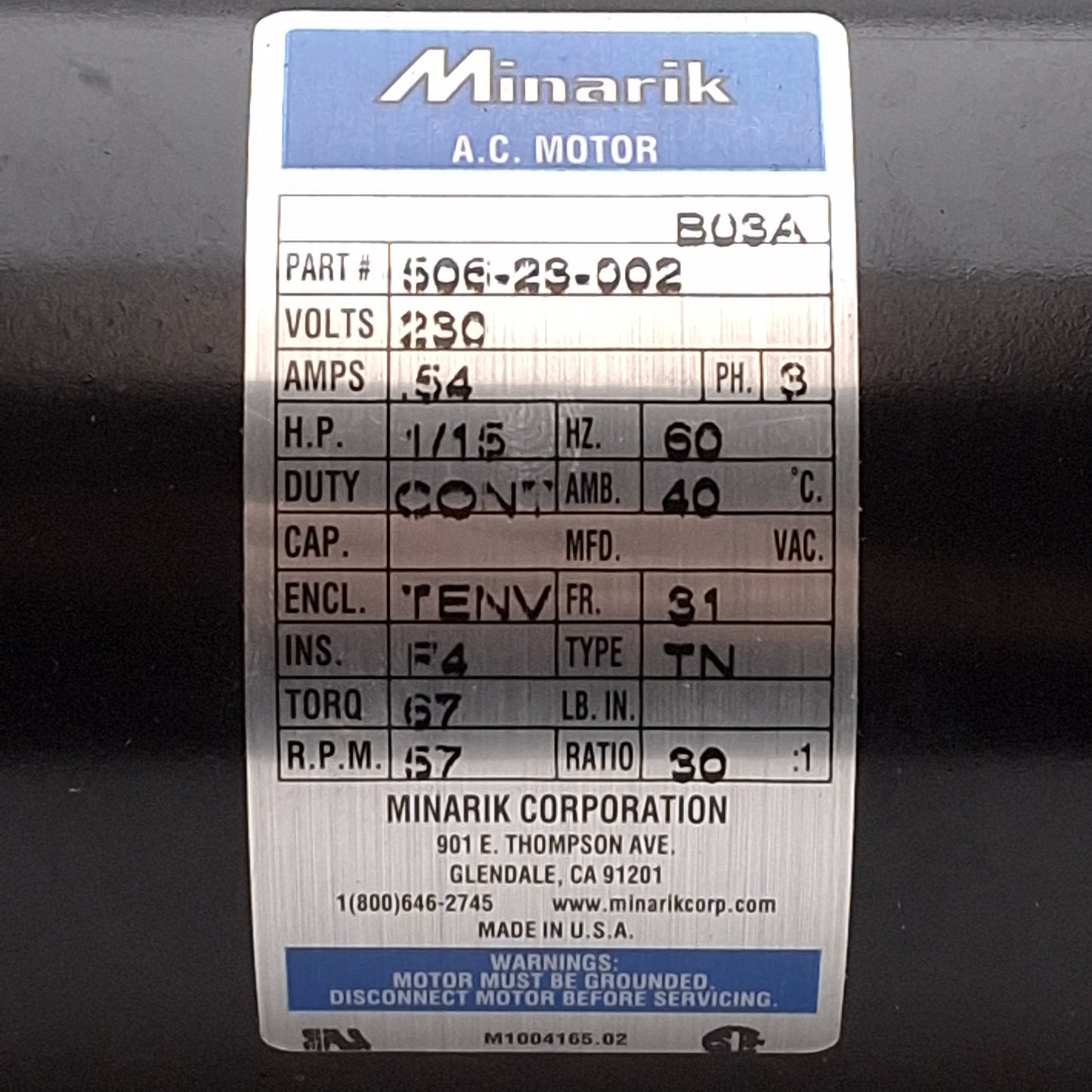 Used Minarik 506-23-002 AC Gearmotor, 30:1, 1/15HP, 67in-lb, 57rpm, 3Ø 230VAC 0.54A