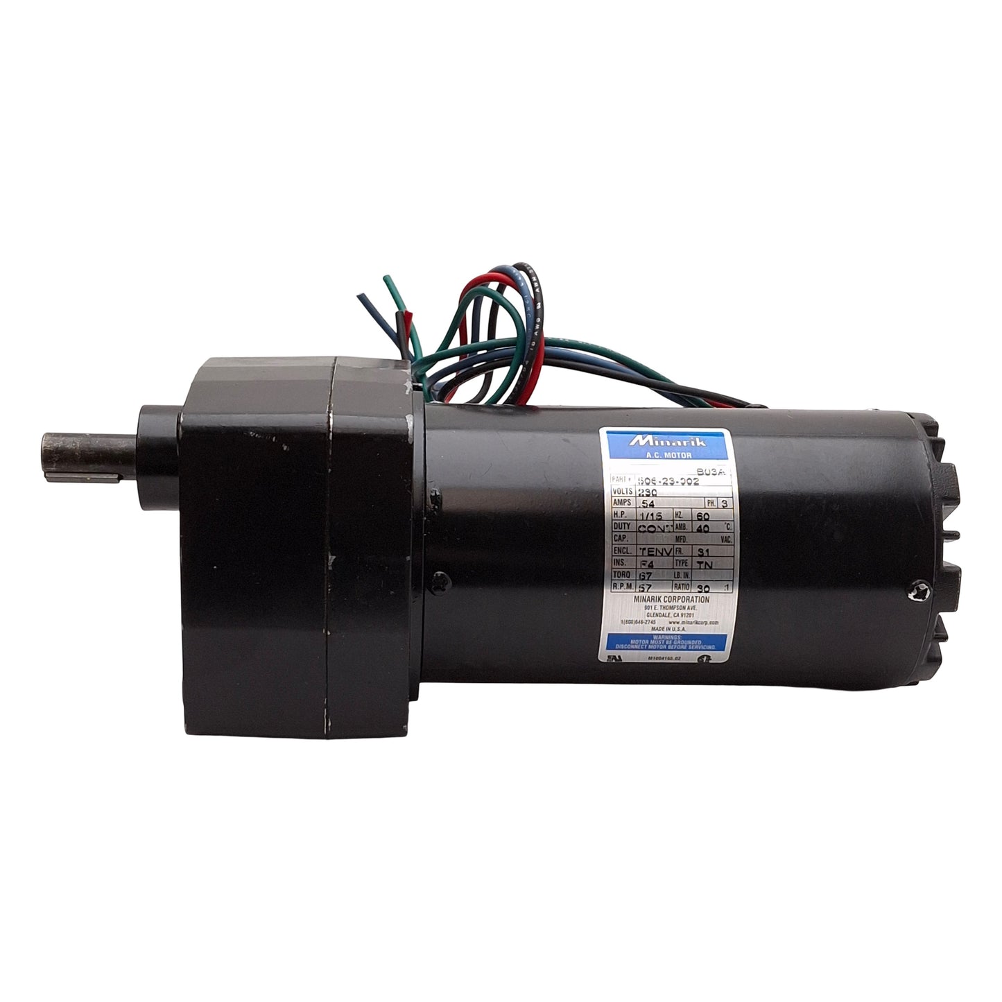 Used Minarik 506-23-002 AC Gearmotor, 30:1, 1/15HP, 67in-lb, 57rpm, 3Ø 230VAC 0.54A