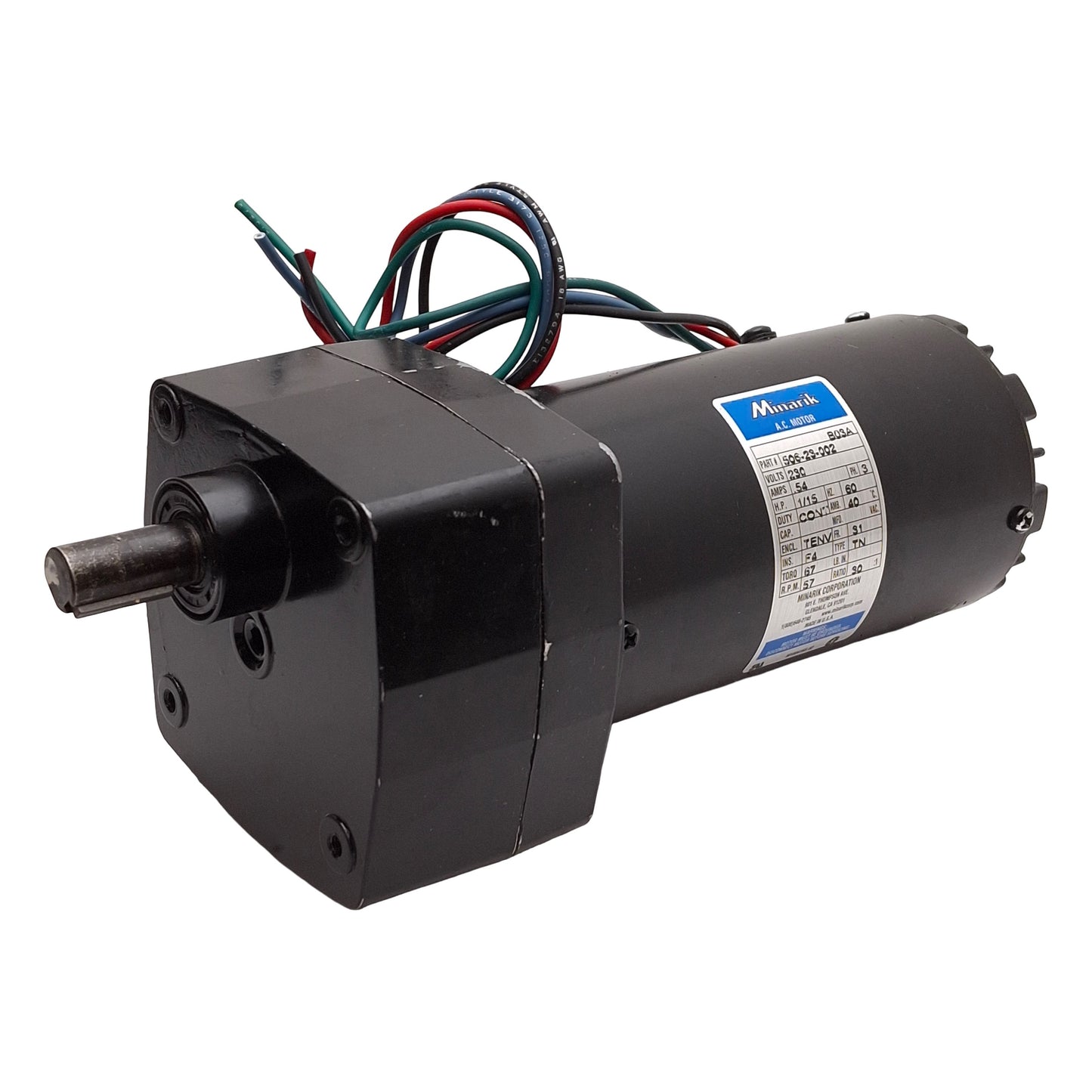 Used Minarik 506-23-002 AC Gearmotor, 30:1, 1/15HP, 67in-lb, 57rpm, 3Ø 230VAC 0.54A