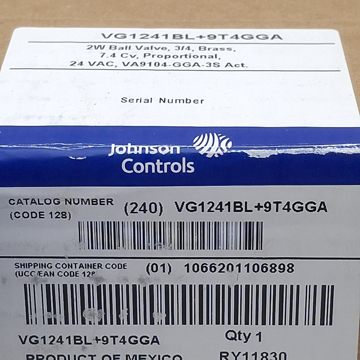 New Johnson Controls VG1241BL+9T4GGA Electric Ball Valve, 3/4in NPT, 200psi, 24VAC
