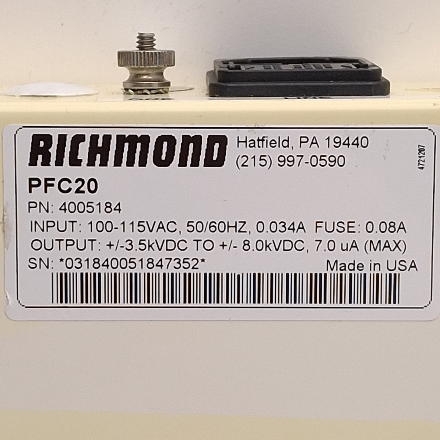Used Richmond PFC20 PulseFlow Controller, 100-115VAC Input, ±3.5k-8.0kVDC Output