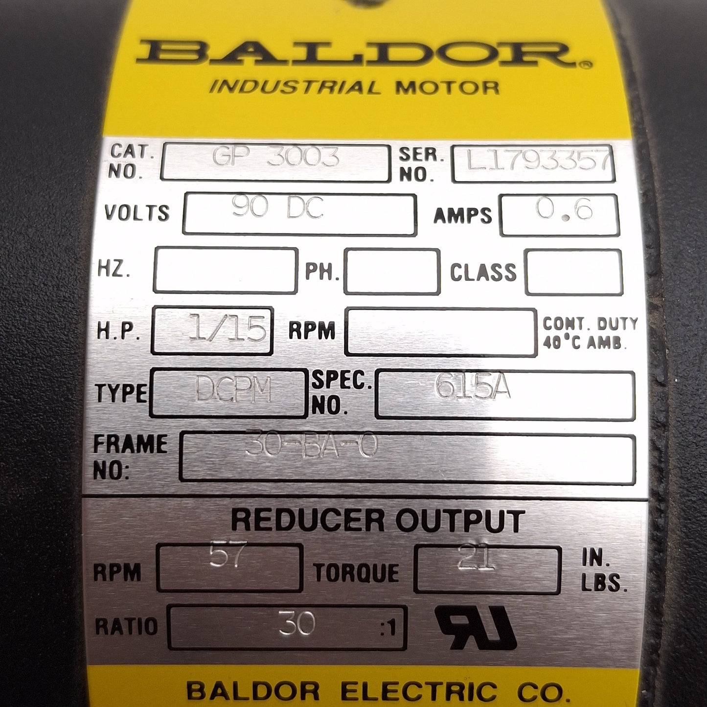 Used Baldor GP3003 DC Gearmotor, 30:1, 1/15HP, 57rpm, 21in-lb, ø1/2in Shaft, 90VDC