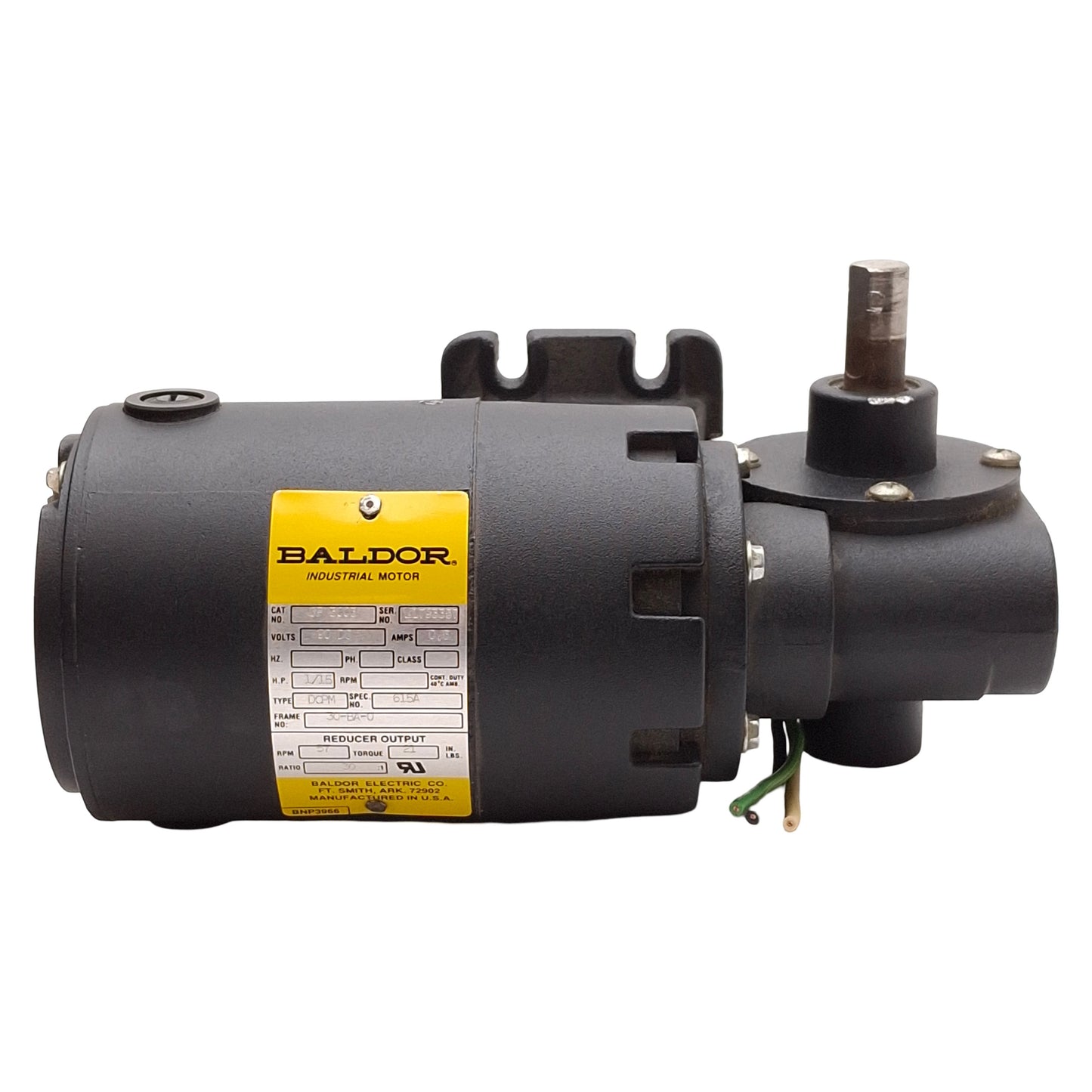 Used Baldor GP3003 DC Gearmotor, 30:1, 1/15HP, 57rpm, 21in-lb, ø1/2in Shaft, 90VDC