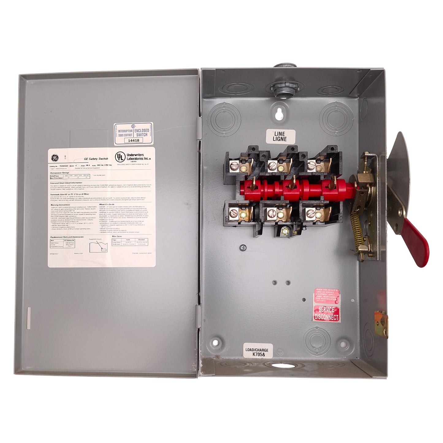 Used GE TGN3322 Non-Fusible Safety Switch 3-Pole, 60A, 240V, NEMA 1, 13.8"x4"x8.4"