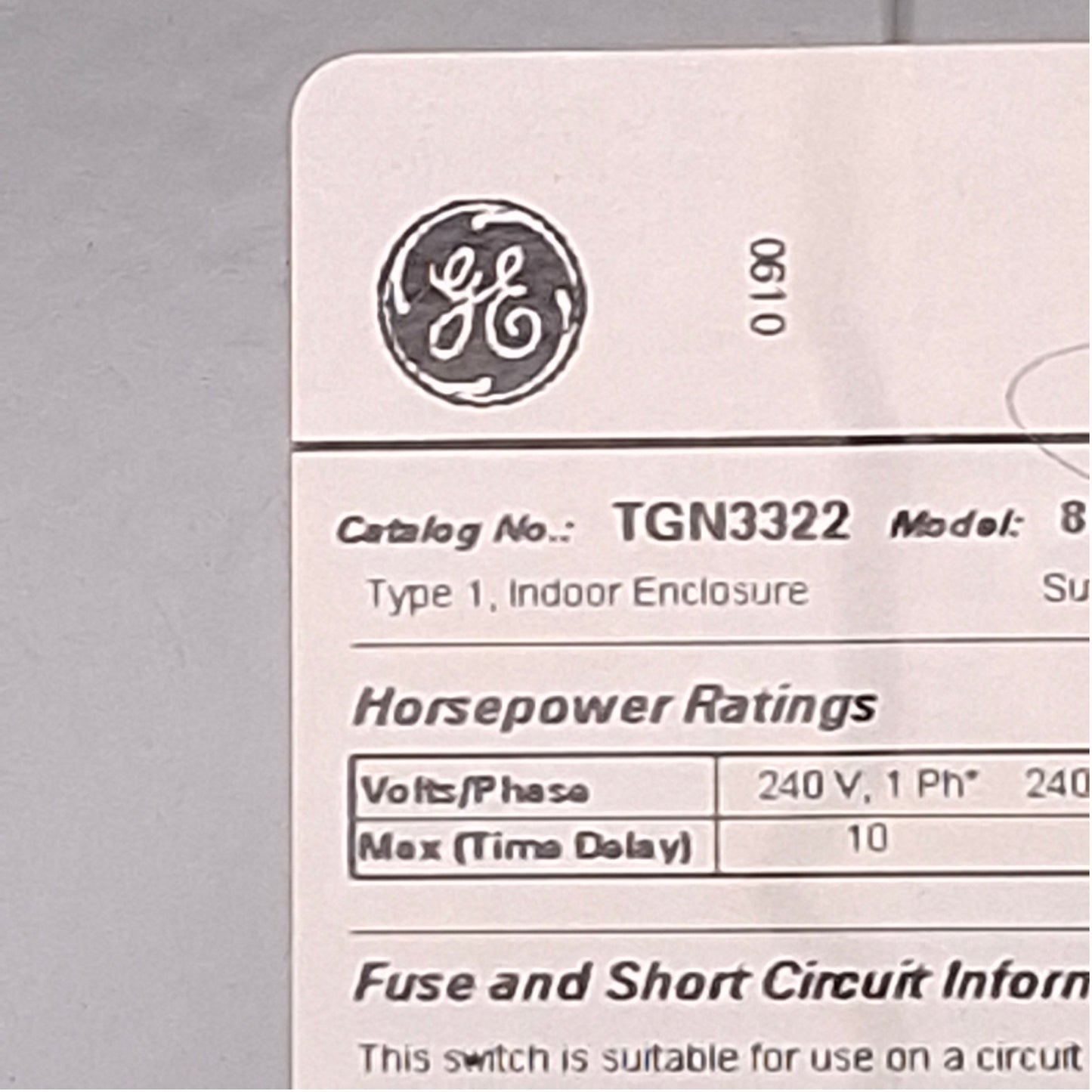 Used GE TGN3322 Non-Fusible Safety Switch 3-Pole, 60A, 240V, NEMA 1, 13.8"x4"x8.4"