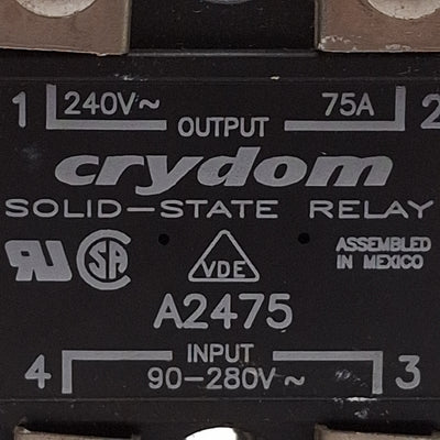 Used Crydom A2475 Solid-State Relay, SPST-NO, 90-280VAC Input, 75A 240VAC Output
