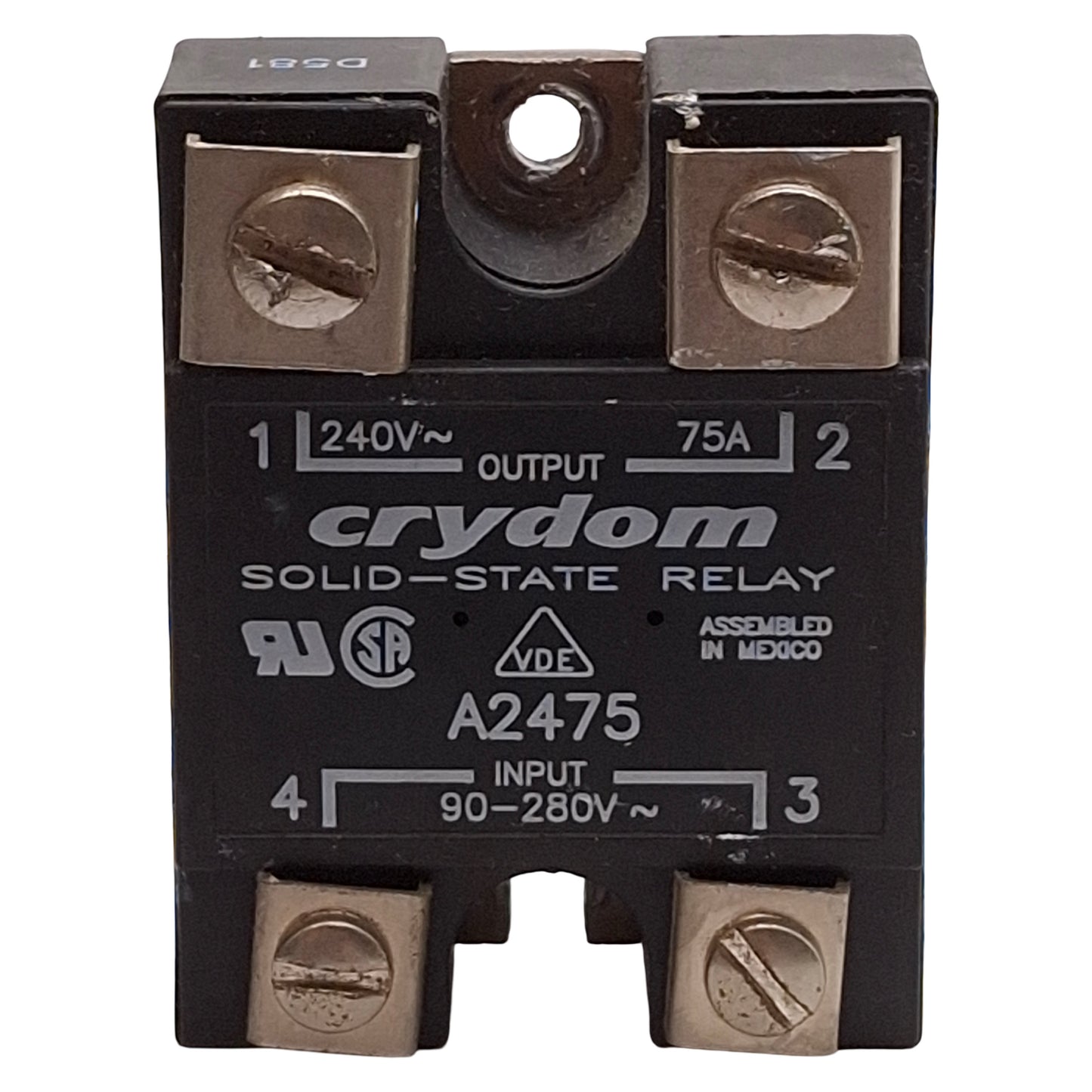 Used Crydom A2475 Solid-State Relay, SPST-NO, 90-280VAC Input, 75A 240VAC Output