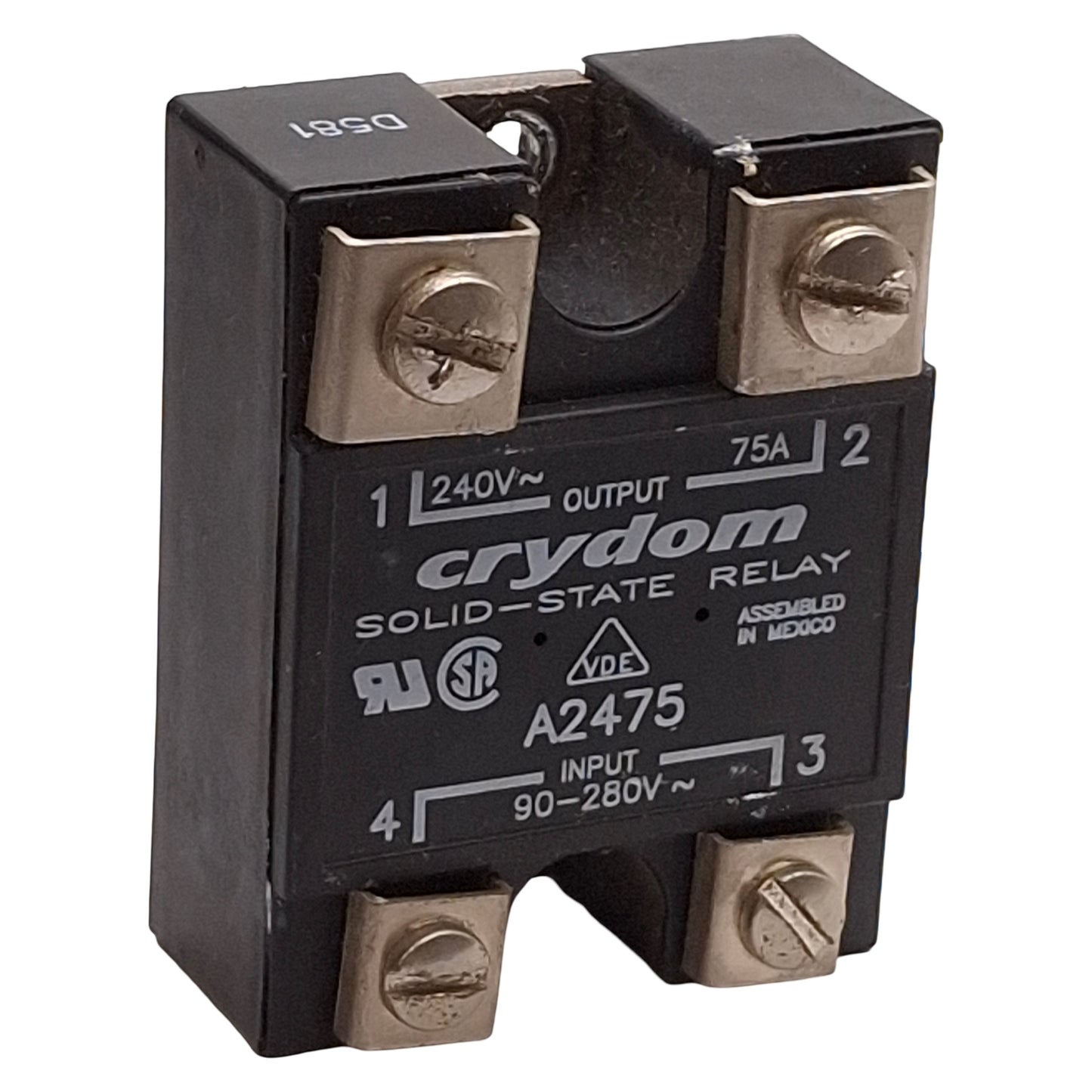 Used Crydom A2475 Solid-State Relay, SPST-NO, 90-280VAC Input, 75A 240VAC Output