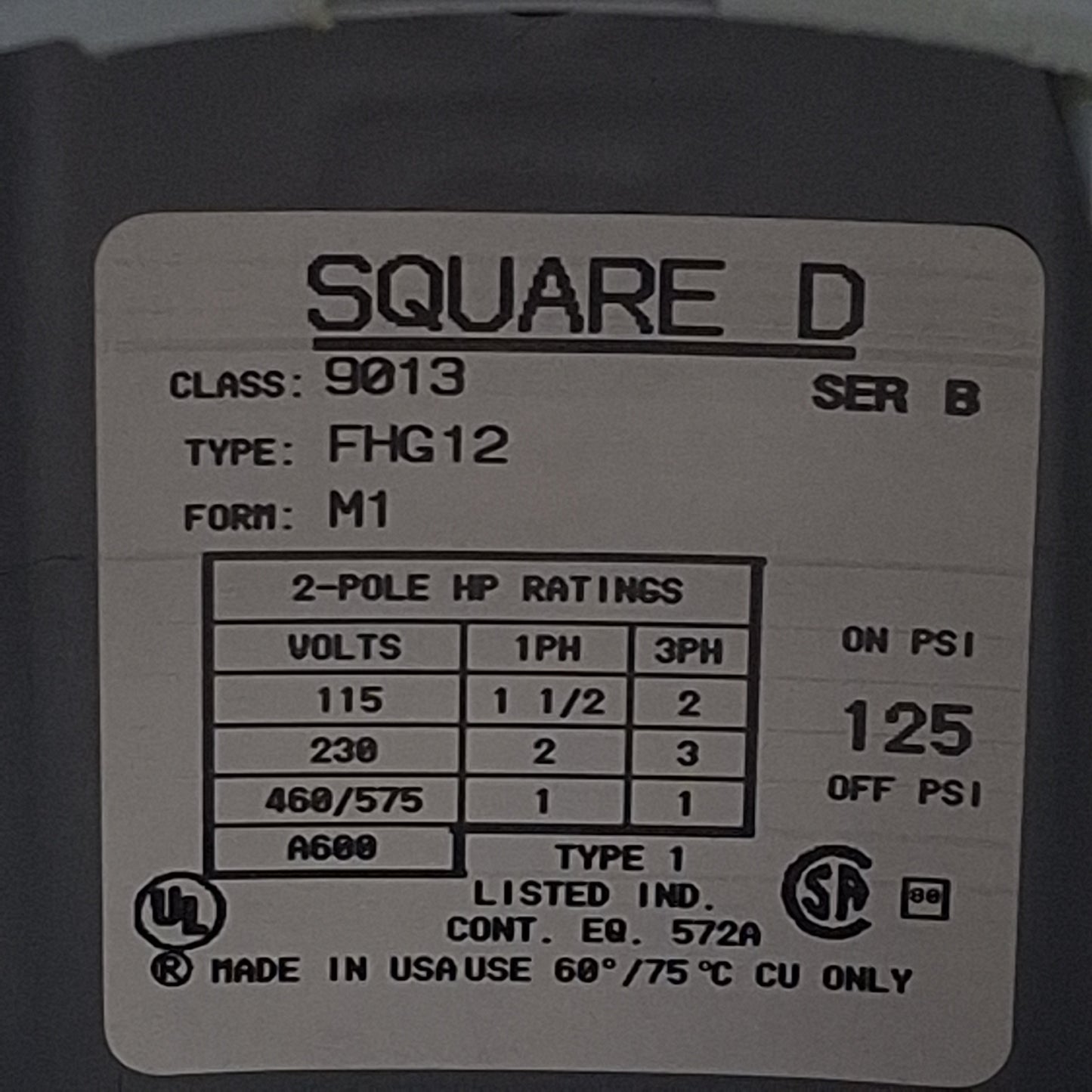 New – Open box Square D 9013FHG12J52X Pneumatic Switch, 2P 3PH, 1/4in NPSF, 125psi, 10A 575VAC