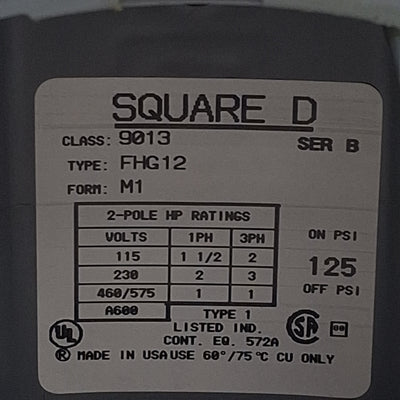 New – Open box Square D 9013FHG12J52X Pneumatic Switch, 2P 3PH, 1/4in NPSF, 125psi, 10A 575VAC