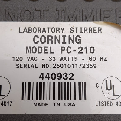 Used Corning PC-210 Magnetic Stirrer, 1-Position, 60-1100rpm, 4in x 5in Table, 120VAC