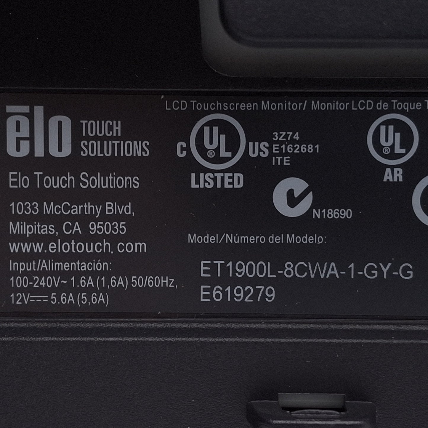 Used Elo ET1900L-8CWA-1-GY-G Touchscreen Monitor, 19in TFT LCD, 1440x900, VGA, DVI