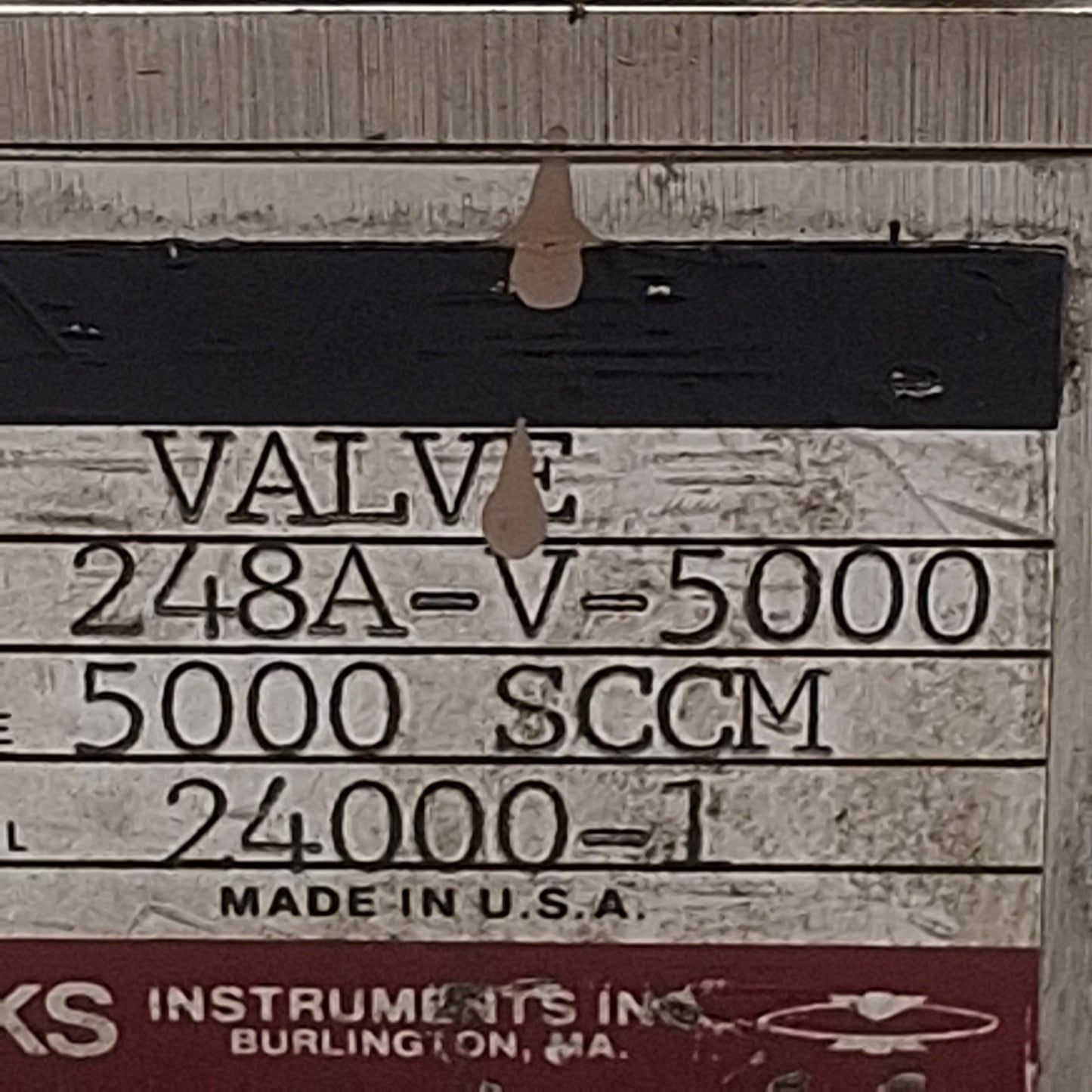 Used MKS 248A-V-5000 Solenoid Flow Control Valve 5000sccm, 0.25" Swagelok, 24VDC Coil