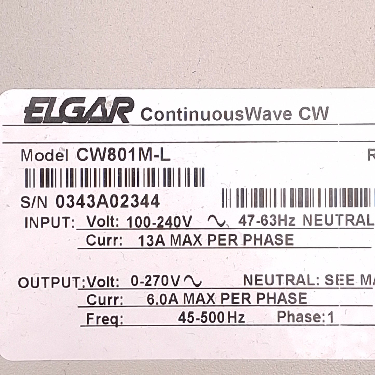 Used Elgar CW801M-L AC Power Supply 0-270VAC Input, 13A, 800VA, 0-270VAC Output