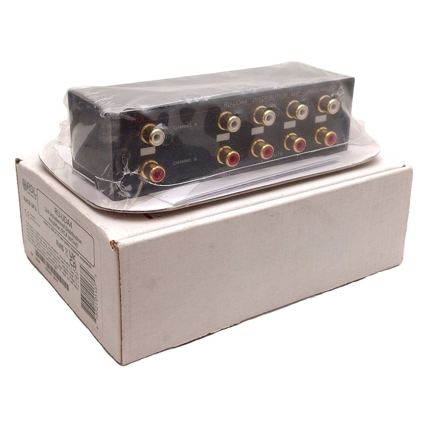 New RDL RU-UDA4 Stereo Unbalanced Audio Distribution Amplifier, 2x4 RCA Jacks, 24VDC