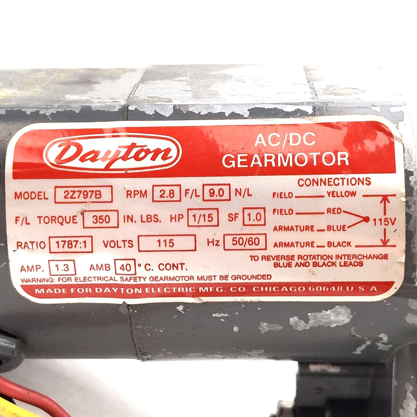 Used Dayton 2Z797B Gearmotor, 1787:1, 1/15HP, 2.8rpm, 350in-lbs, ø1/2in Shaft, 115VAC