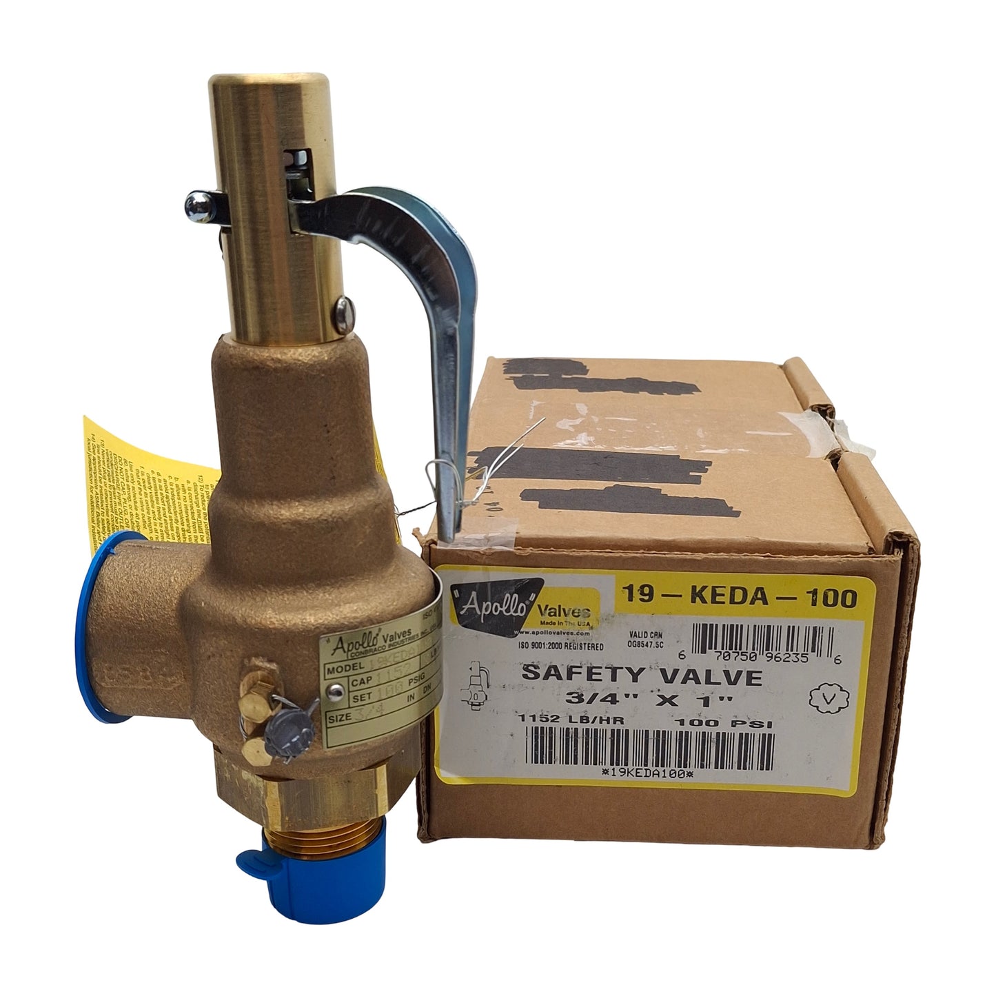 New – Open box Apollo 19-KEDA-100 Safety Valve, 100psig Set, 3/4in M x 1in F NPT, 1152LB/HR