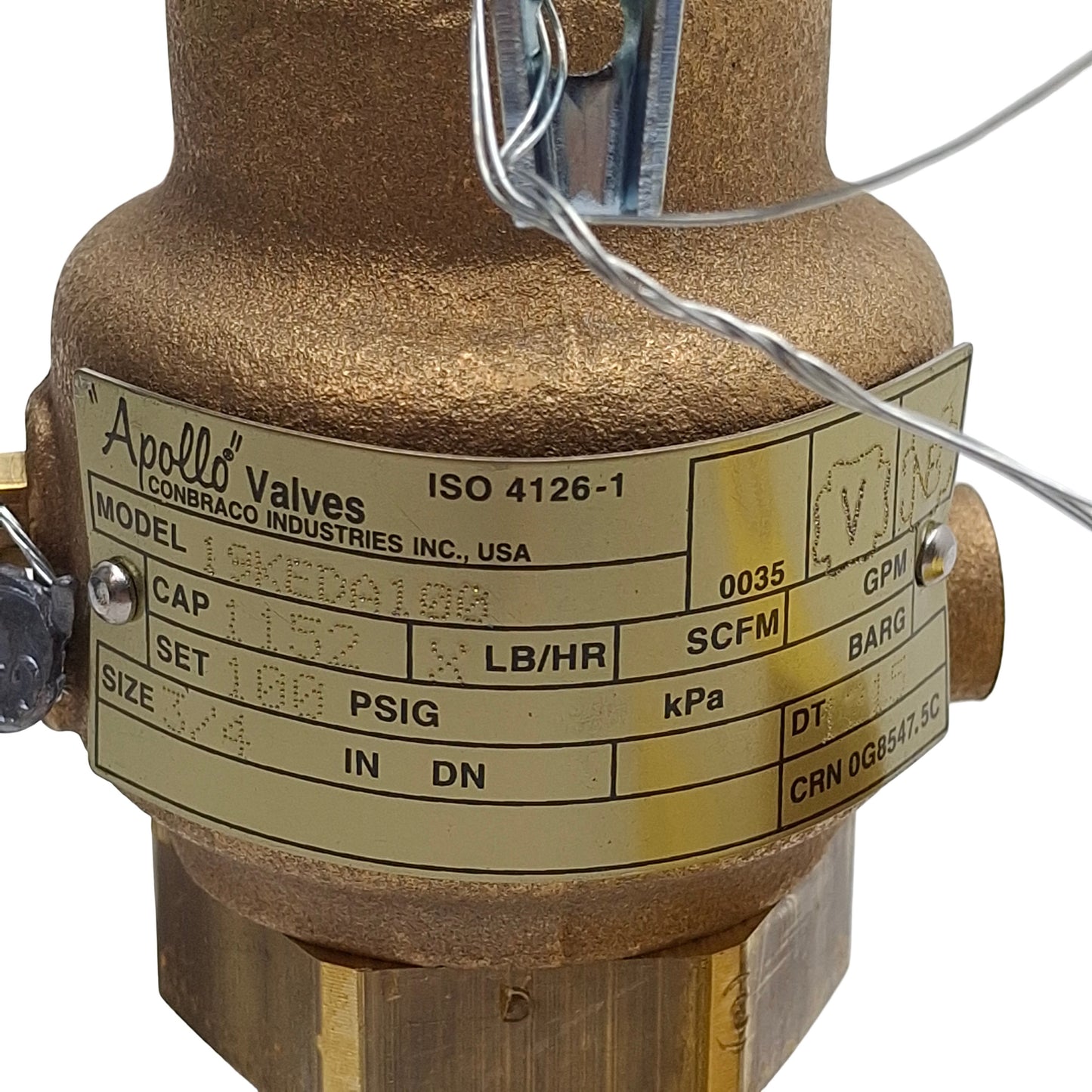 New – Open box Apollo 19-KEDA-100 Safety Valve, 100psig Set, 3/4in M x 1in F NPT, 1152LB/HR