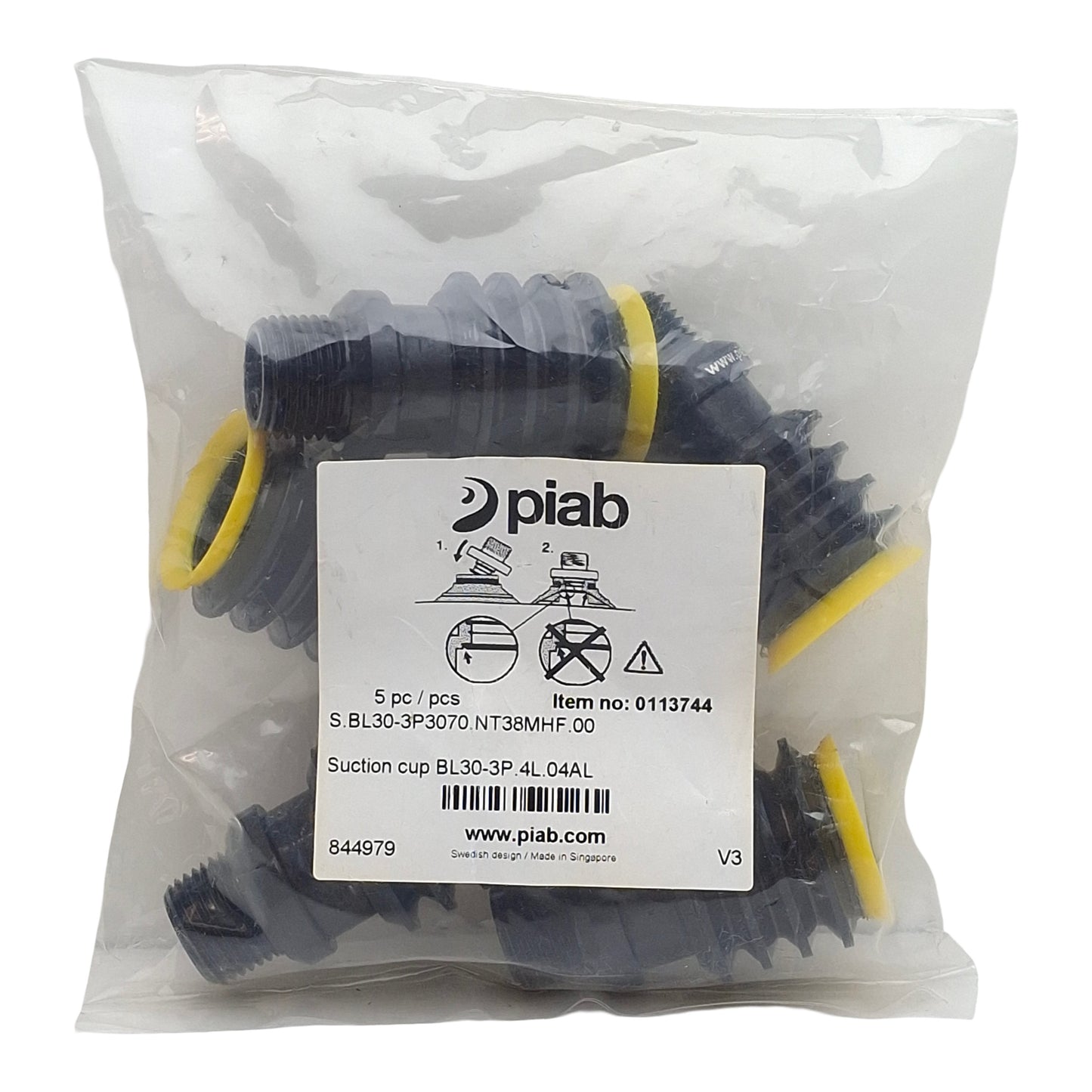 New Lot of 5 Piab 0113744 BL30-3P DURAFLEX Suction Cup, 3/8in NPT Male, ø1.18in OD