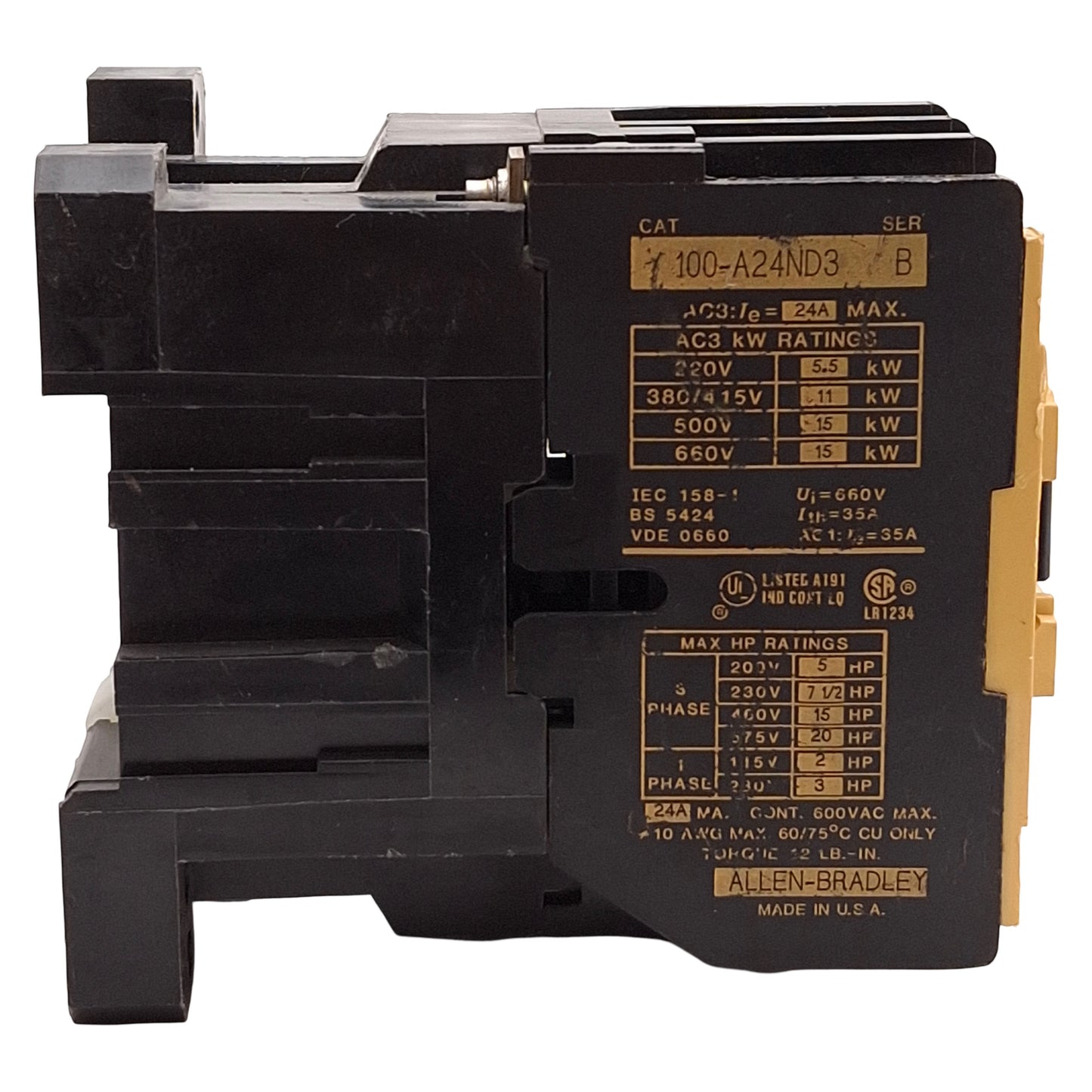 Used Allen Bradley 100-A24ND3 Contactor, 3-Pole, 24A, 20HP @ 3Ø 575VAC, 120VAC Coil