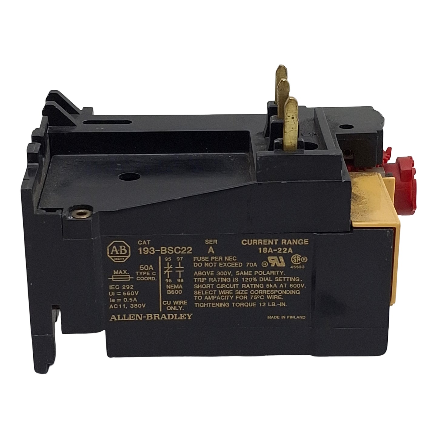 Used Allen Bradley 193-BSC22 Overload Relay, 3-Pole 1NC 1NO, 18-22A Range, 600VAC