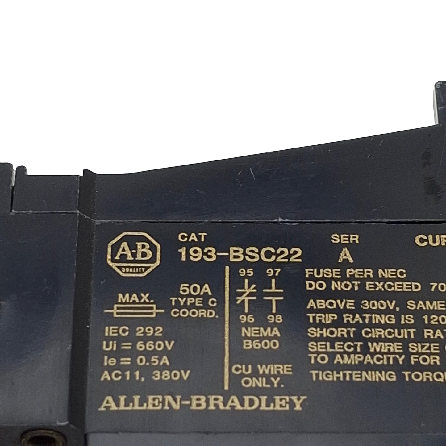 Used Allen Bradley 193-BSC22 Overload Relay, 3-Pole 1NC 1NO, 18-22A Range, 600VAC