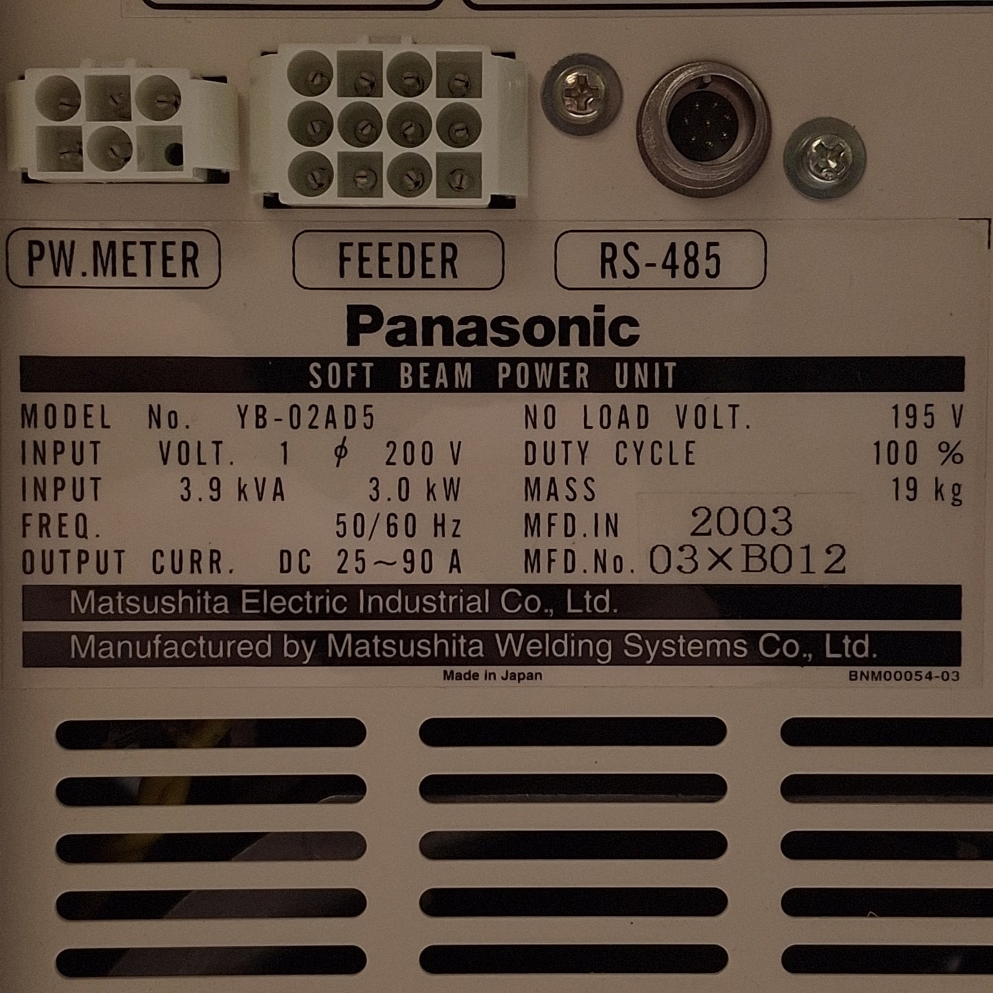 Used Panasonic YB-02AD5 Soft Beam Soldering Power Unit 200VAC 3.0kW In, 25-90A DC Out
