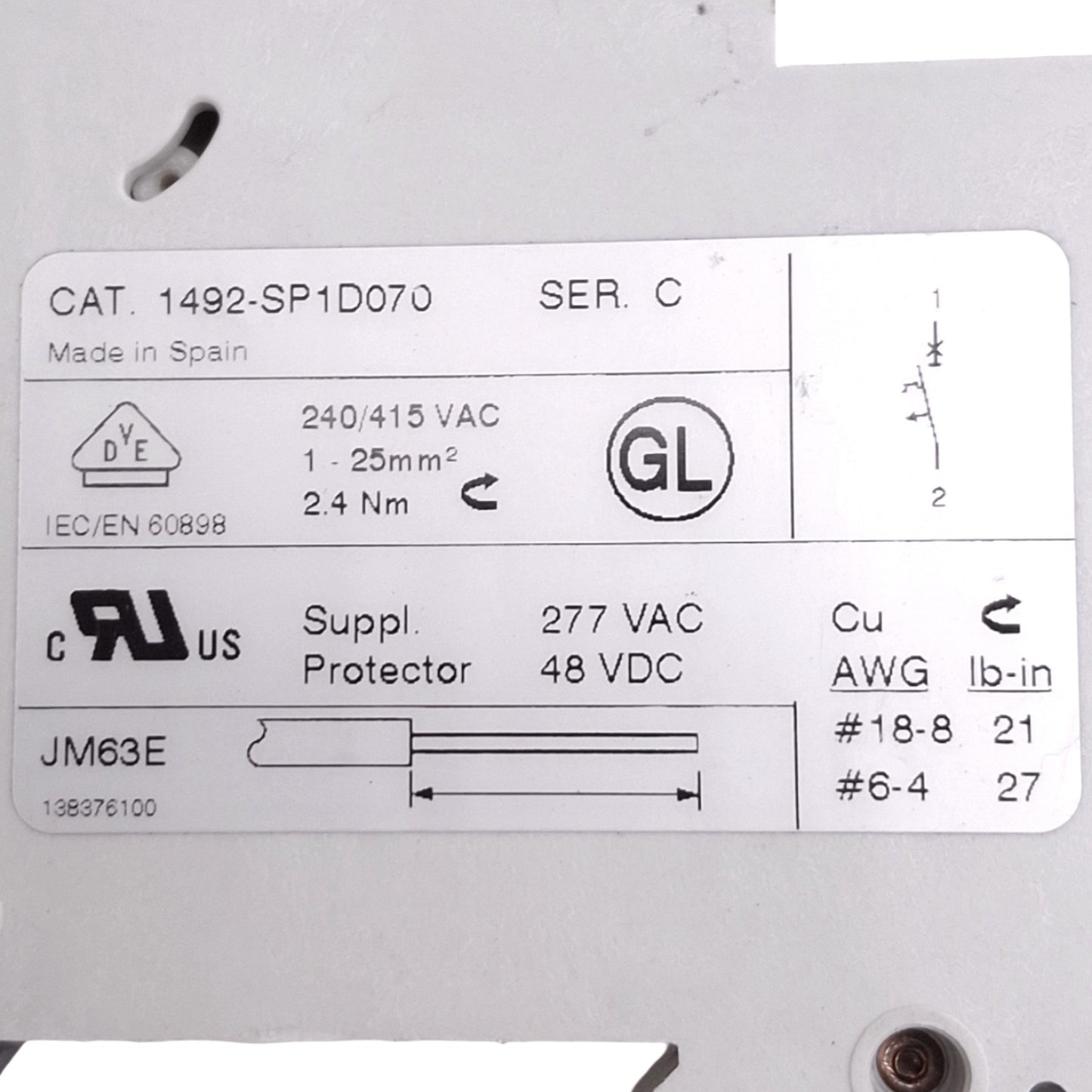 Used Allen Bradley 1492-SP1D070 Circuit Breaker, 1-Pole, 7A, 48VDC/277VAC Max