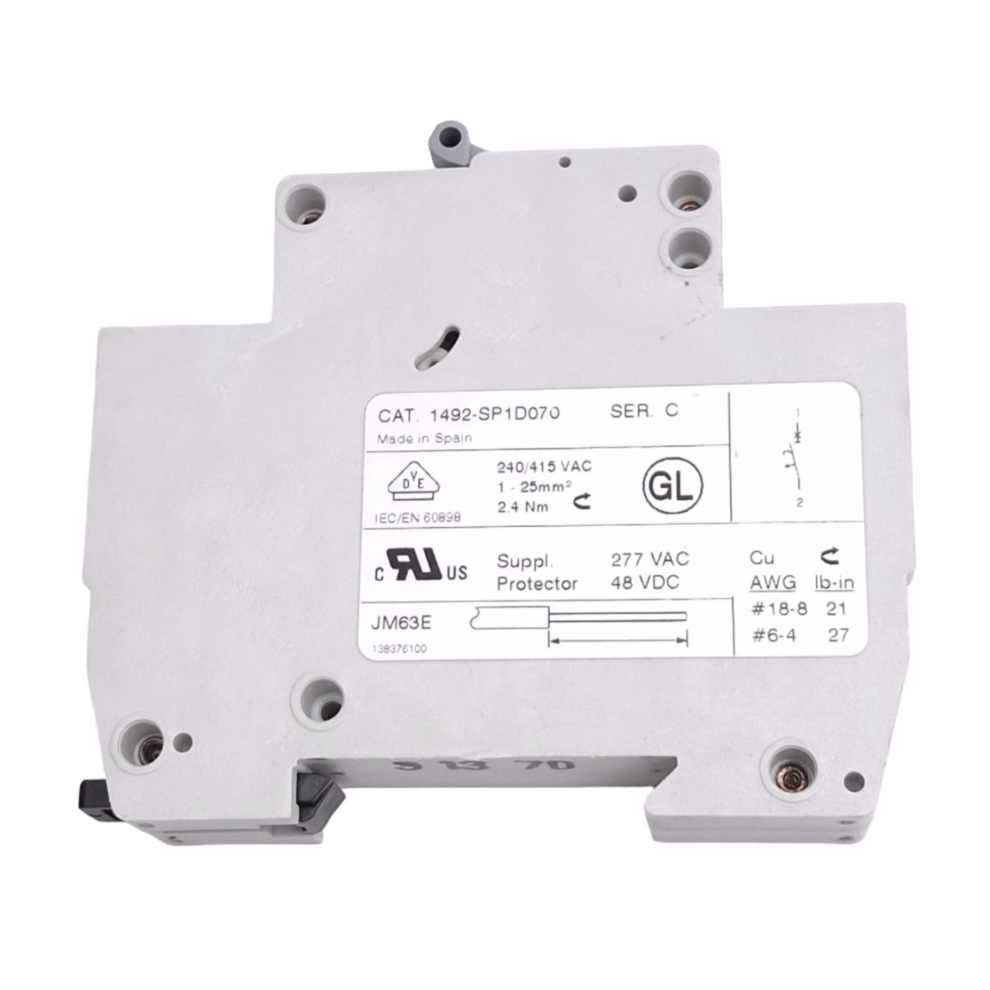 Used Allen Bradley 1492-SP1D070 Circuit Breaker, 1-Pole, 7A, 48VDC/277VAC Max