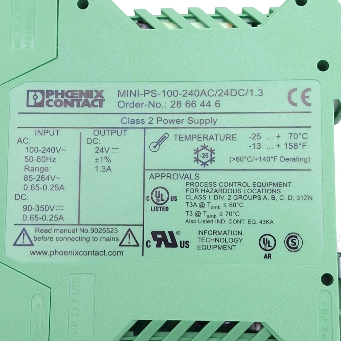 New Phoenix Contact 2866446 Power Supply, 100-240VAC In, 24VDC 1.3A Out, DIN Rail