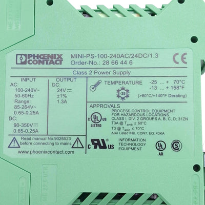 New Phoenix Contact 2866446 Power Supply, 100-240VAC In, 24VDC 1.3A Out, DIN Rail