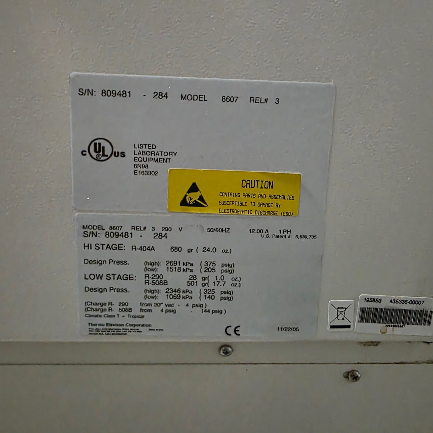 Used Thermo Electron 8607 Ultra Low Temperature Upright Freezer 28CuFt, -50 To -86°F