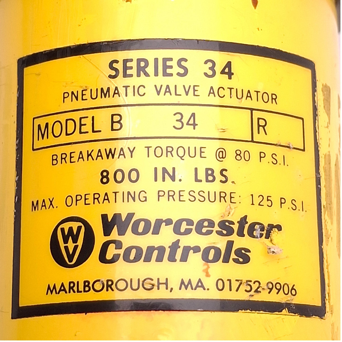 Used Worcester Controls 34B Double Acting Pneumatic Actuator 125psi, 1/2" NPT Conduit